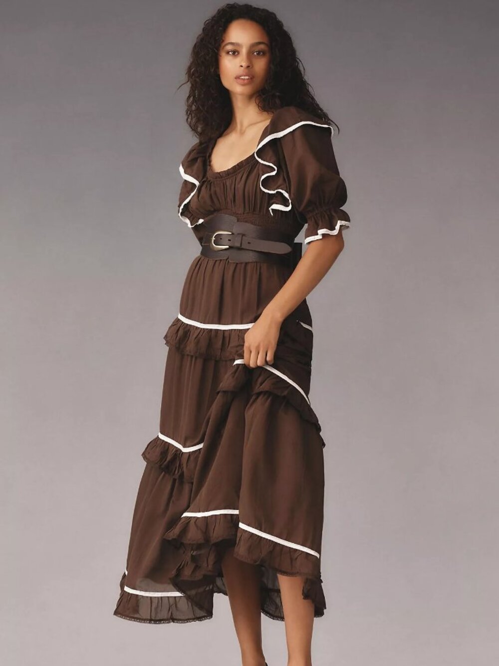 Anthropologie Brown Puff-Sleeve Scoop-Neck Tiered